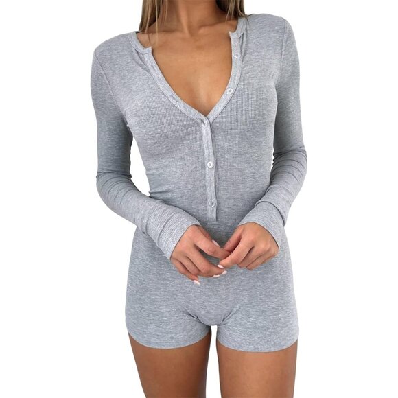 Women's Light Grey One Piece Button Jumpsuit V Neck Romper Long Sleeve Bodysuit - Picture 2 of 4